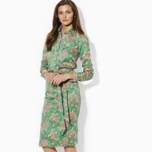 LAUREN Ralph Lauren Green Paisley Print Belted Shirtdress Size 4